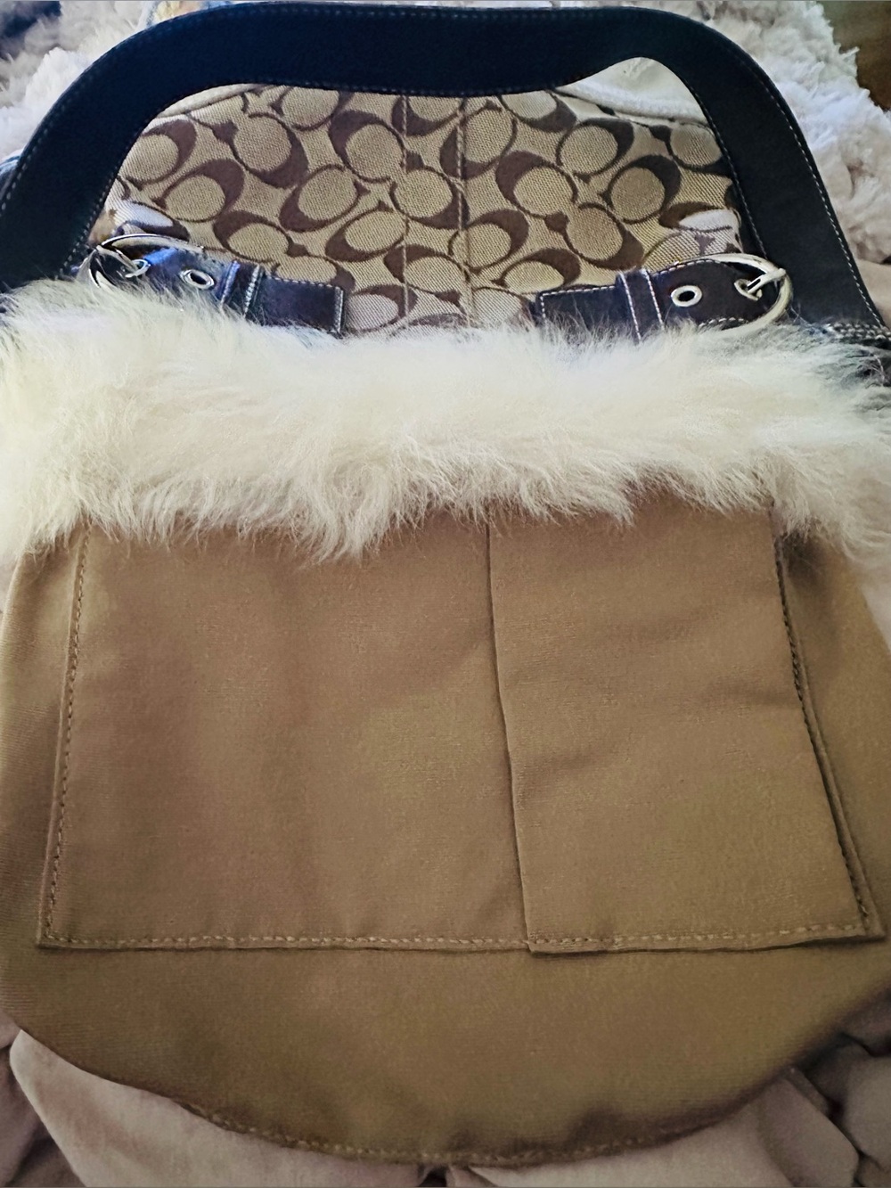Auth. Coach Brown Signature Canvas Shoulder Bag with Shearling Cream Fur Trim!! - Picture 14 of 15